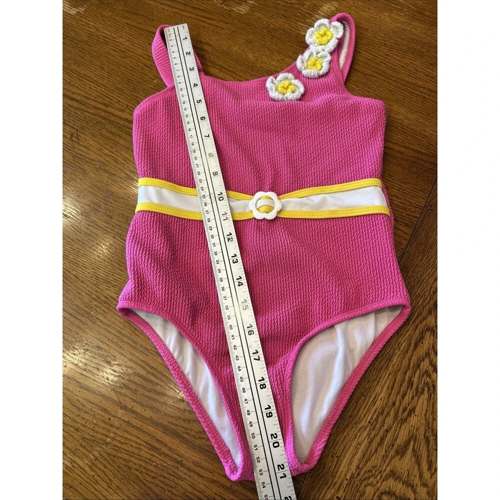 Betsey Johnson Pink Swimsuit Girls Size 10 Textured Crocheted Flowers UPF +50